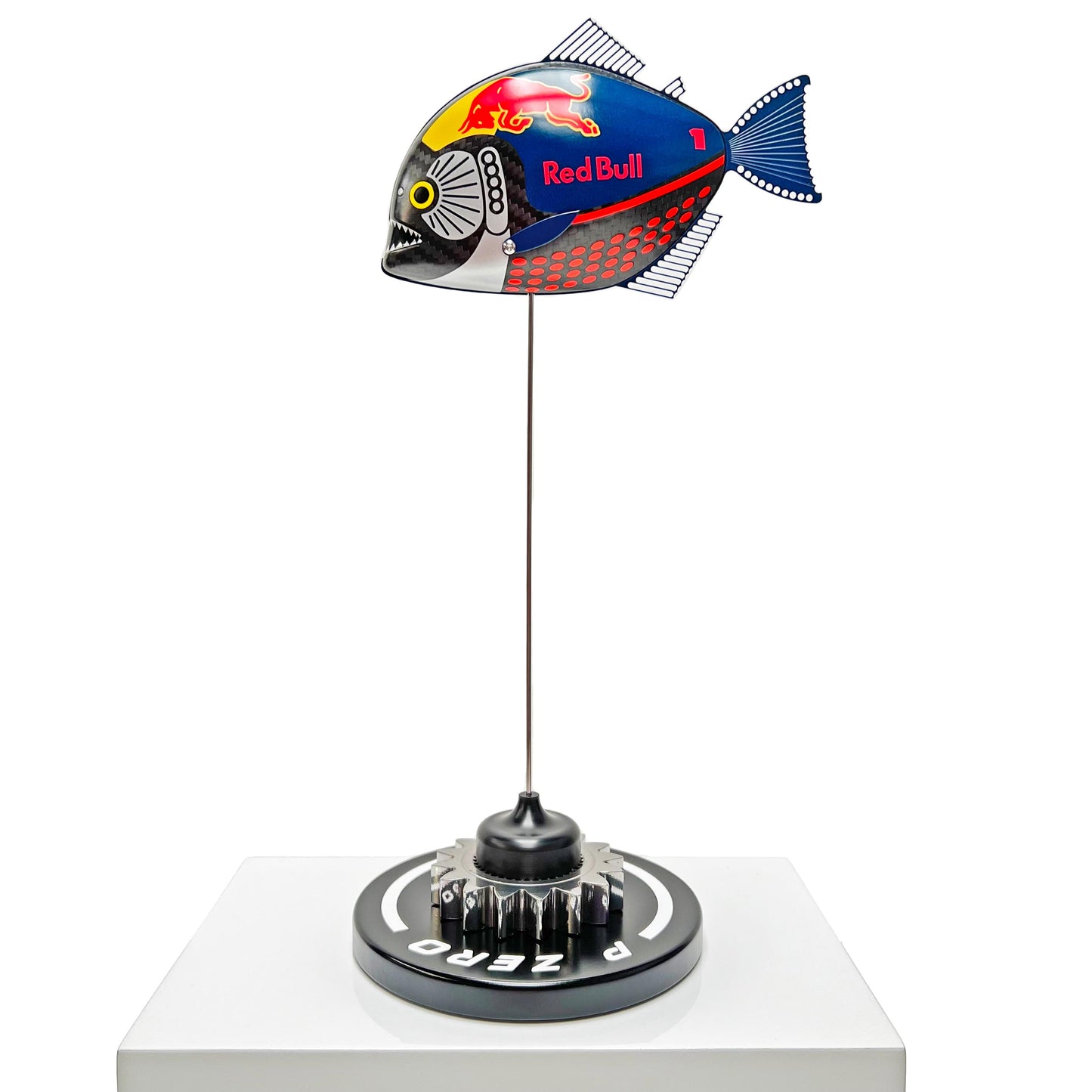 Carbon fibre Piranha fish with RedBull F1 livery on a black base with F1 gear