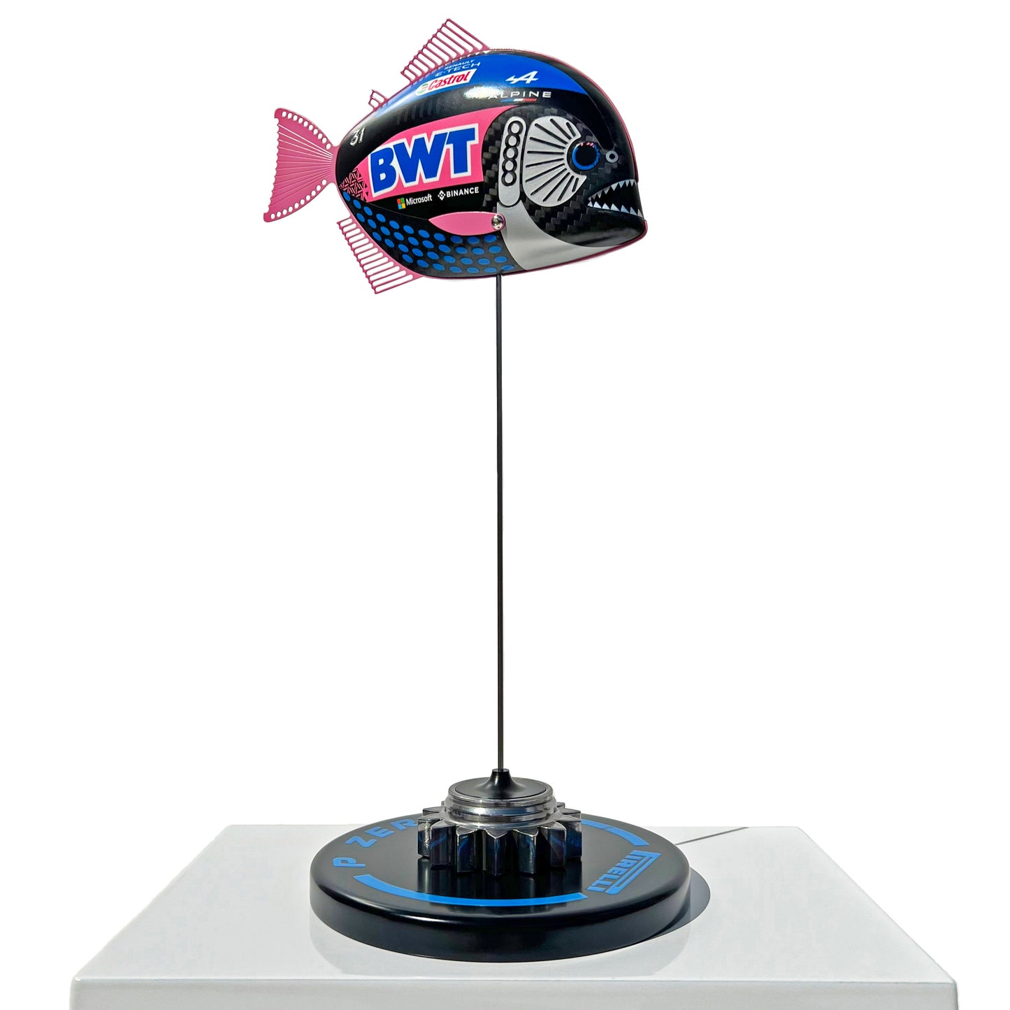 Carbon Fibre Piranha sculpture with 2023 BWT Alpine Formula One Livery.