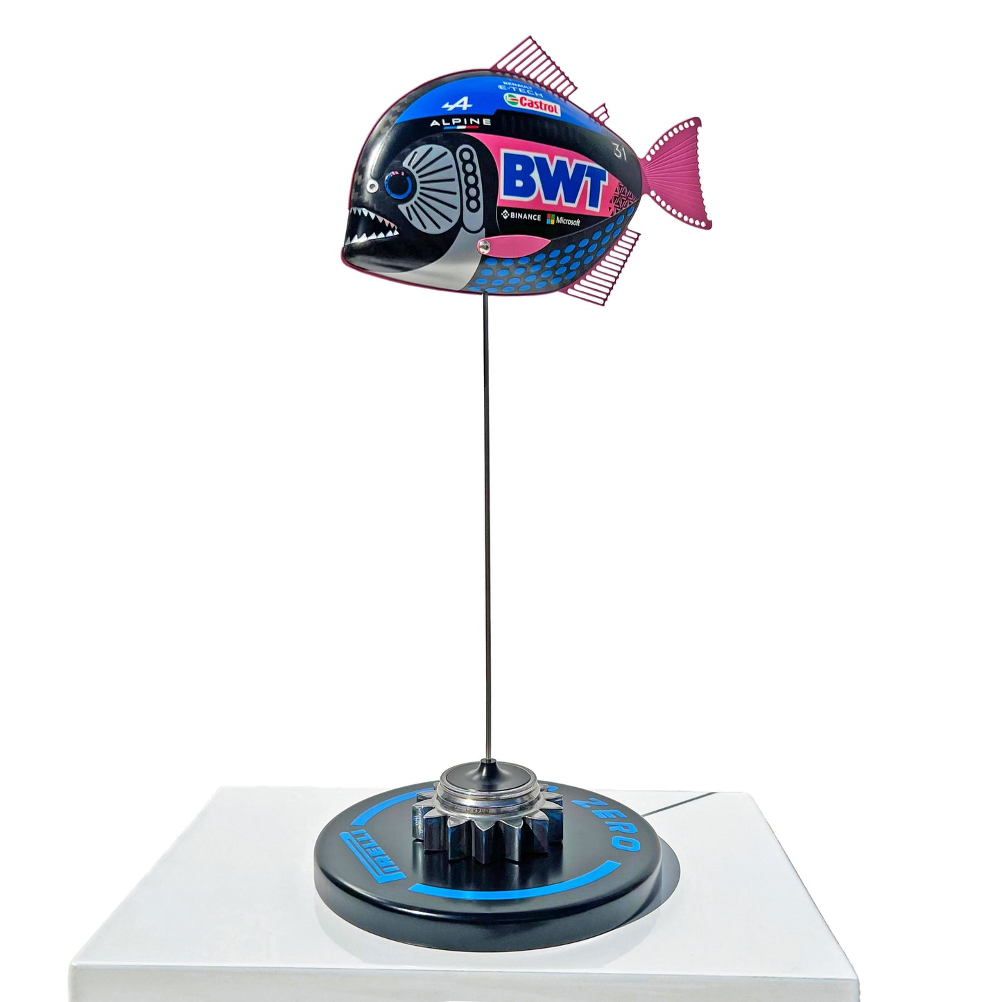 Carbon Fibre Piranha sculpture with 2023 BWT Alpine Formula One Livery.