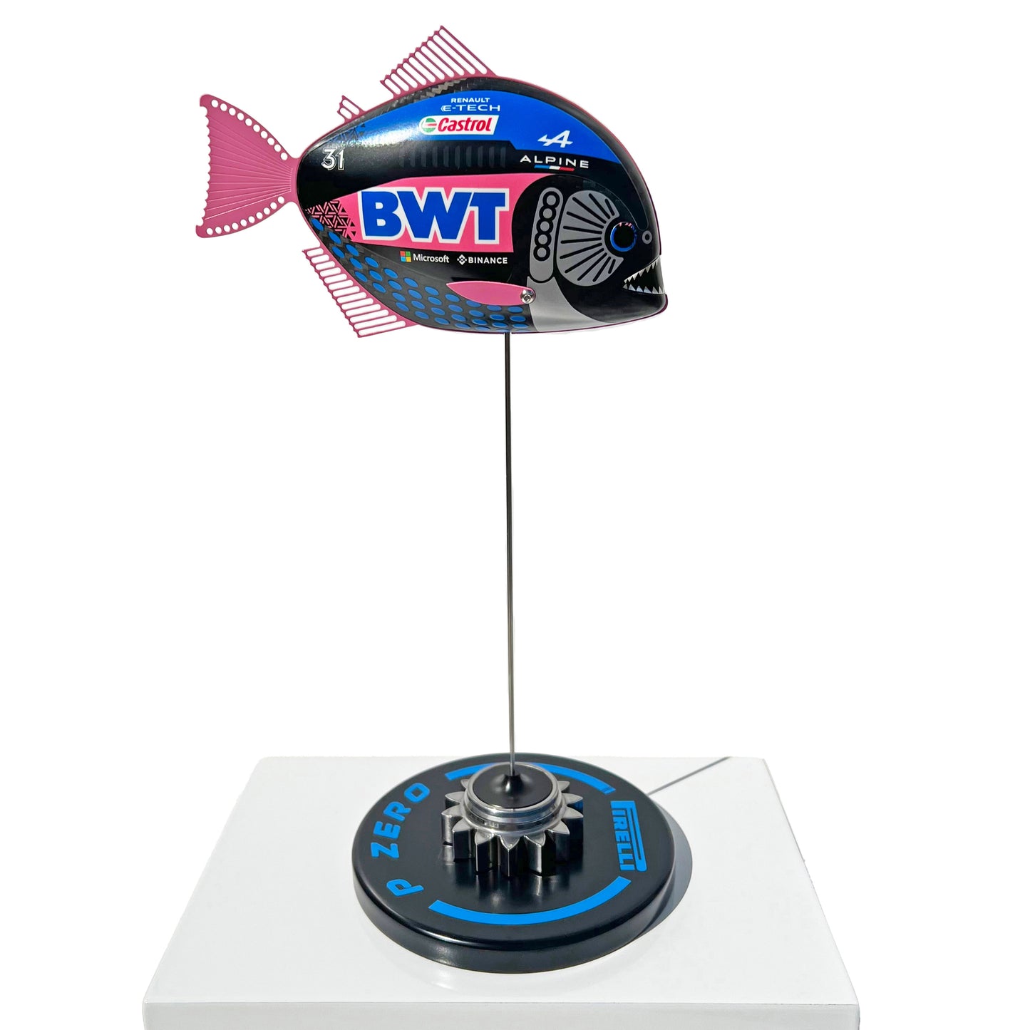 Carbon Fibre Piranha sculpture with 2023 BWT Alpine Formula One Livery.