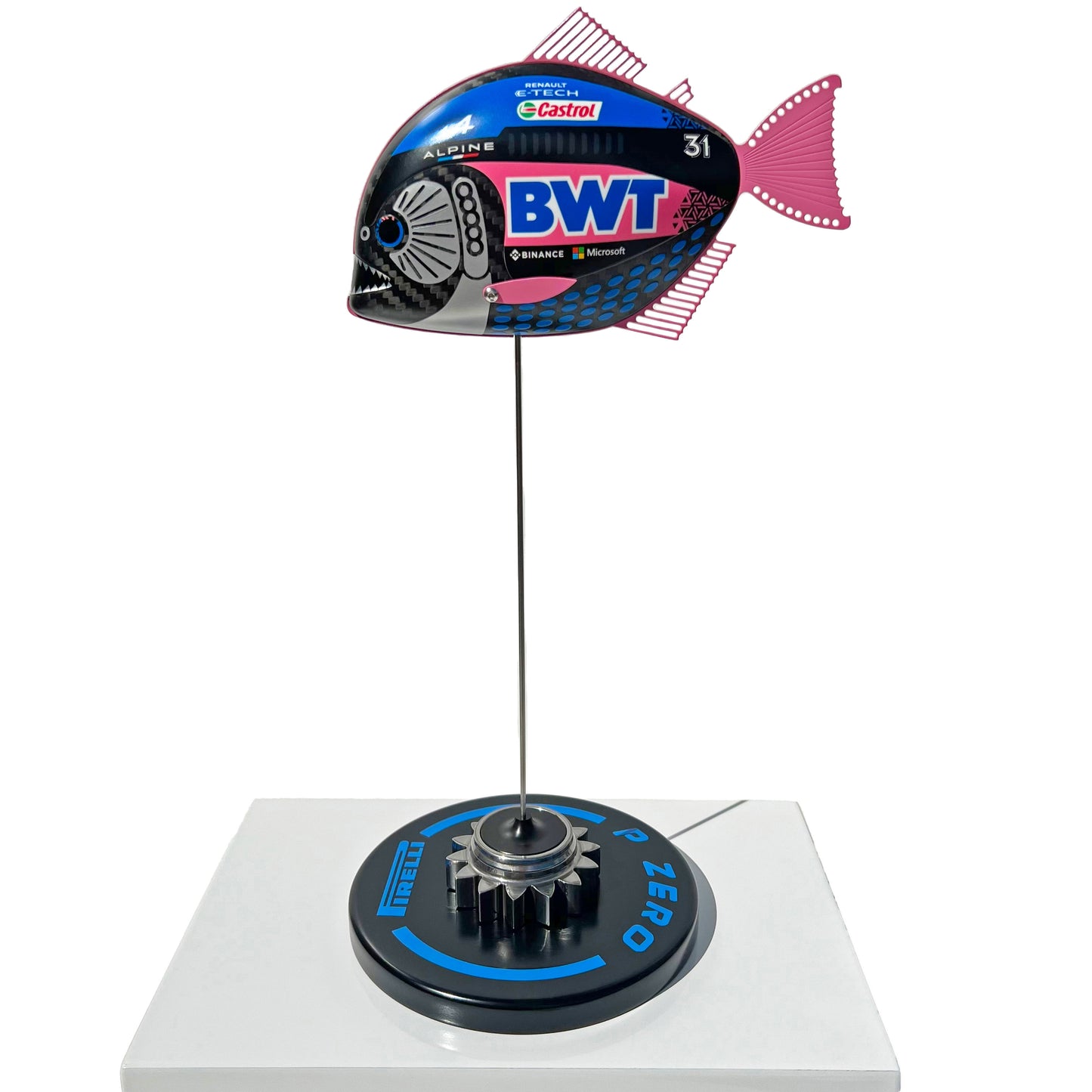 Carbon Fibre Piranha sculpture with 2023 BWT Alpine Formula One Livery.