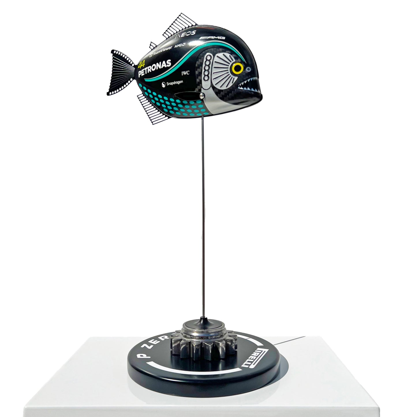 Carbon Fibre Piranha sculpture with 2023 Mercedes AMG Petronas Formula One Livery.