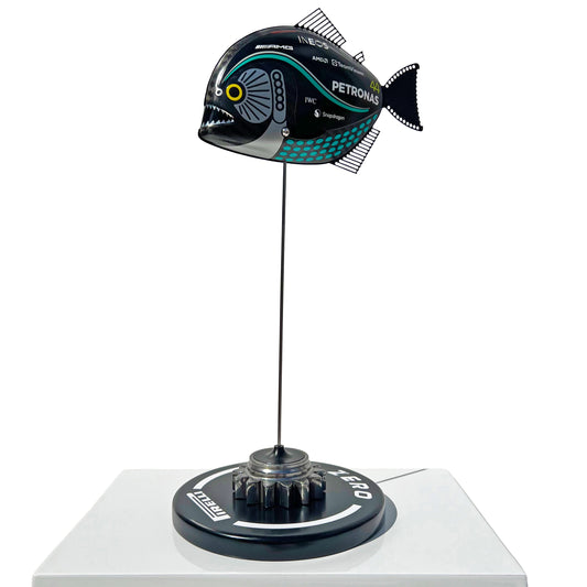 Carbon Fibre Piranha sculpture with 2023 Mercedes AMG Petronas Formula One Livery.