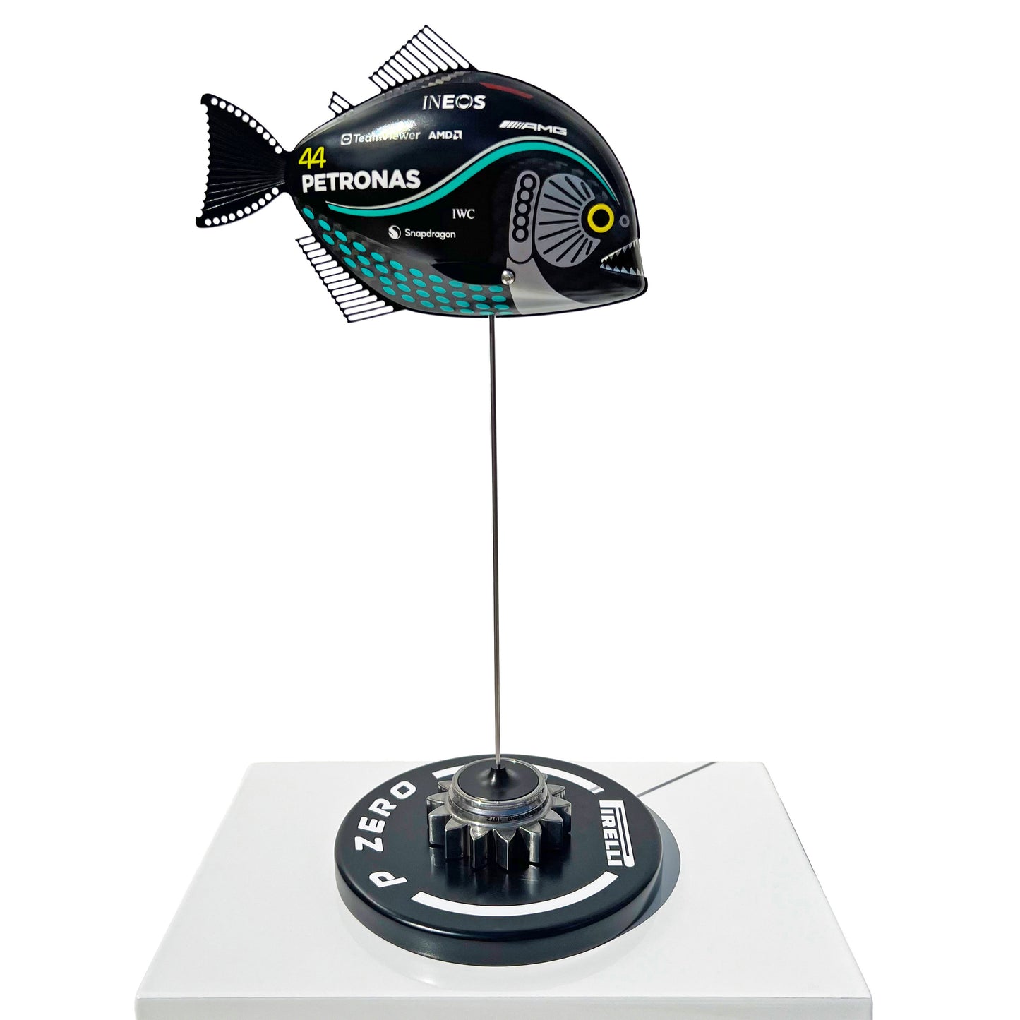 Carbon Fibre Piranha sculpture with 2023 Mercedes AMG Petronas Formula One Livery.