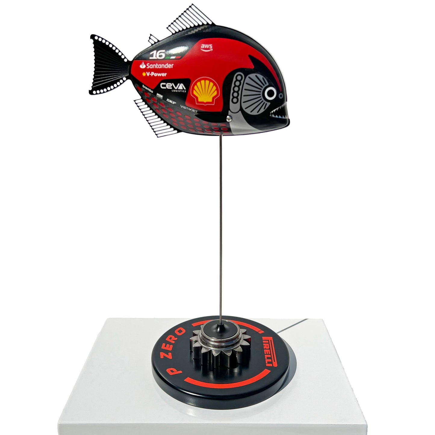 Carbon Fibre Piranha sculpture with 2023 Ferrari Formula One inspired Livery.