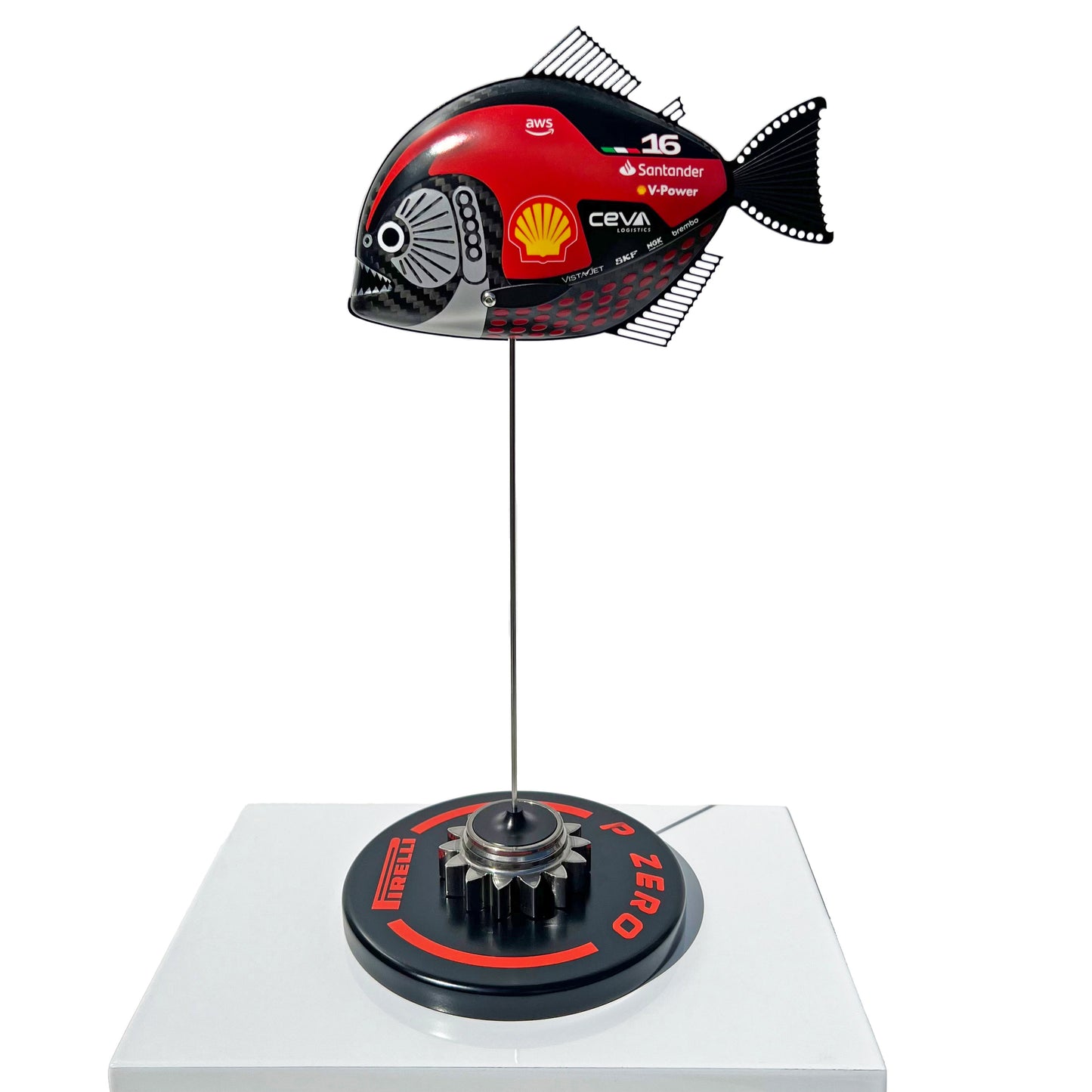 Carbon Fibre Piranha sculpture with 2023 Ferrari Formula One inspired Livery.