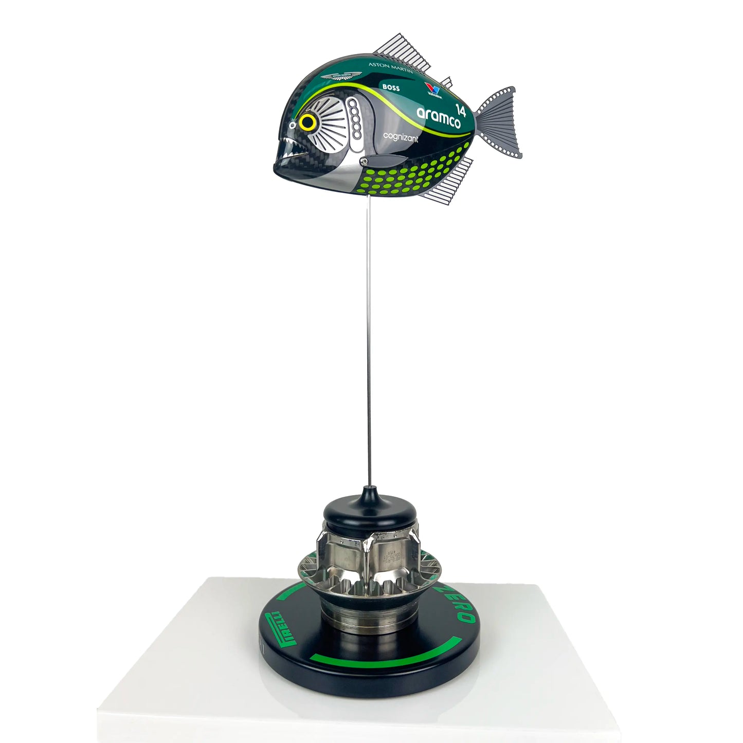 Carbon Fibre Piranha Fish with 2024 Aston Martin F1 Livery on Green Pirelli base with F1 wheel nut