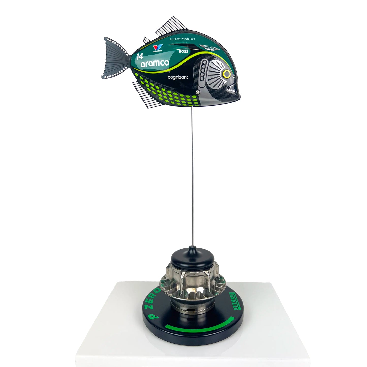 Carbon Fibre Piranha Fish with 2024 Aston Martin F1 Livery on Green Pirelli base with F1 wheel nut