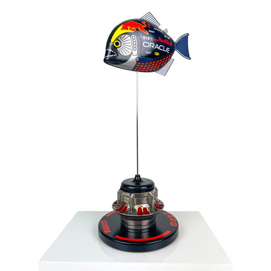 Carbon Fibre Piranha Fish with 2024 RedBull Inspired F1 Livery on red Pirelli base with F1 wheel nut