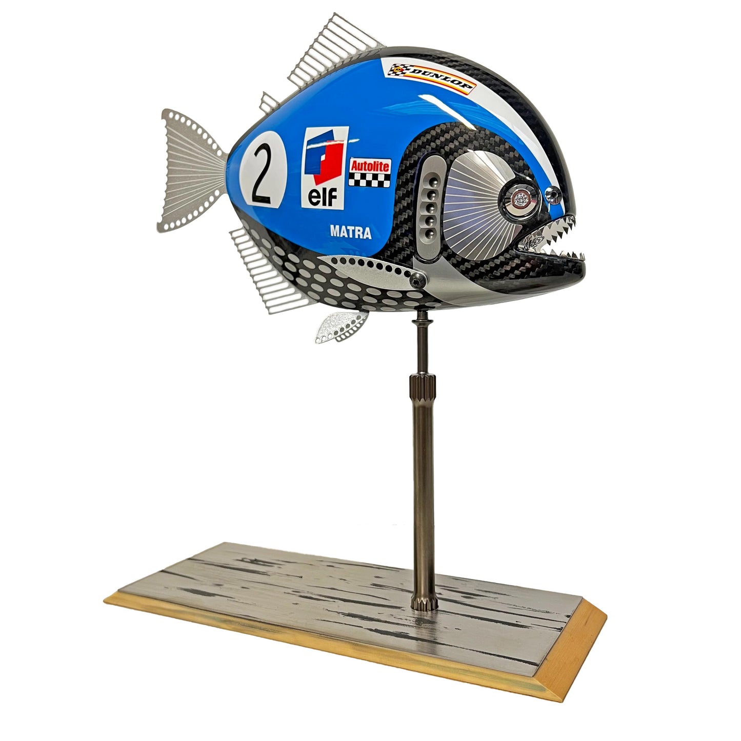 Carbon fibre Piranha sculpture with 1969 Matra livery