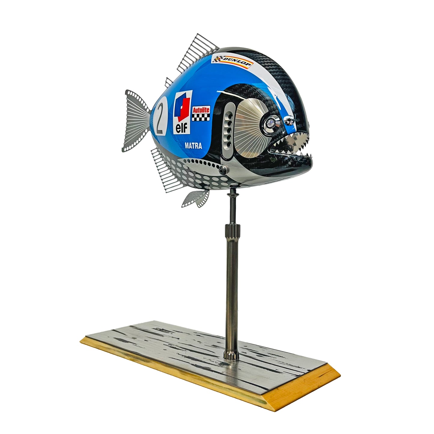 Carbon fibre Piranha sculpture with 1969 Matra livery