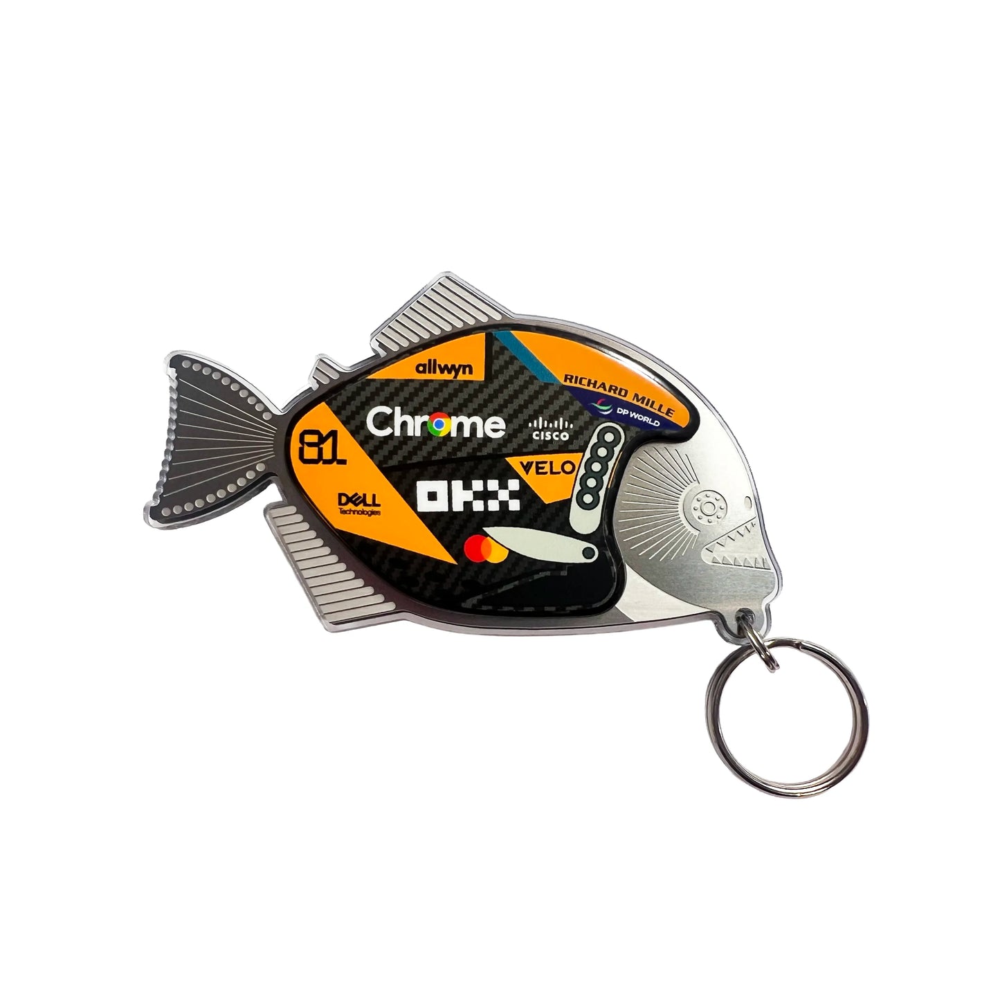 Fish-shaped tape measure with branding on a white background