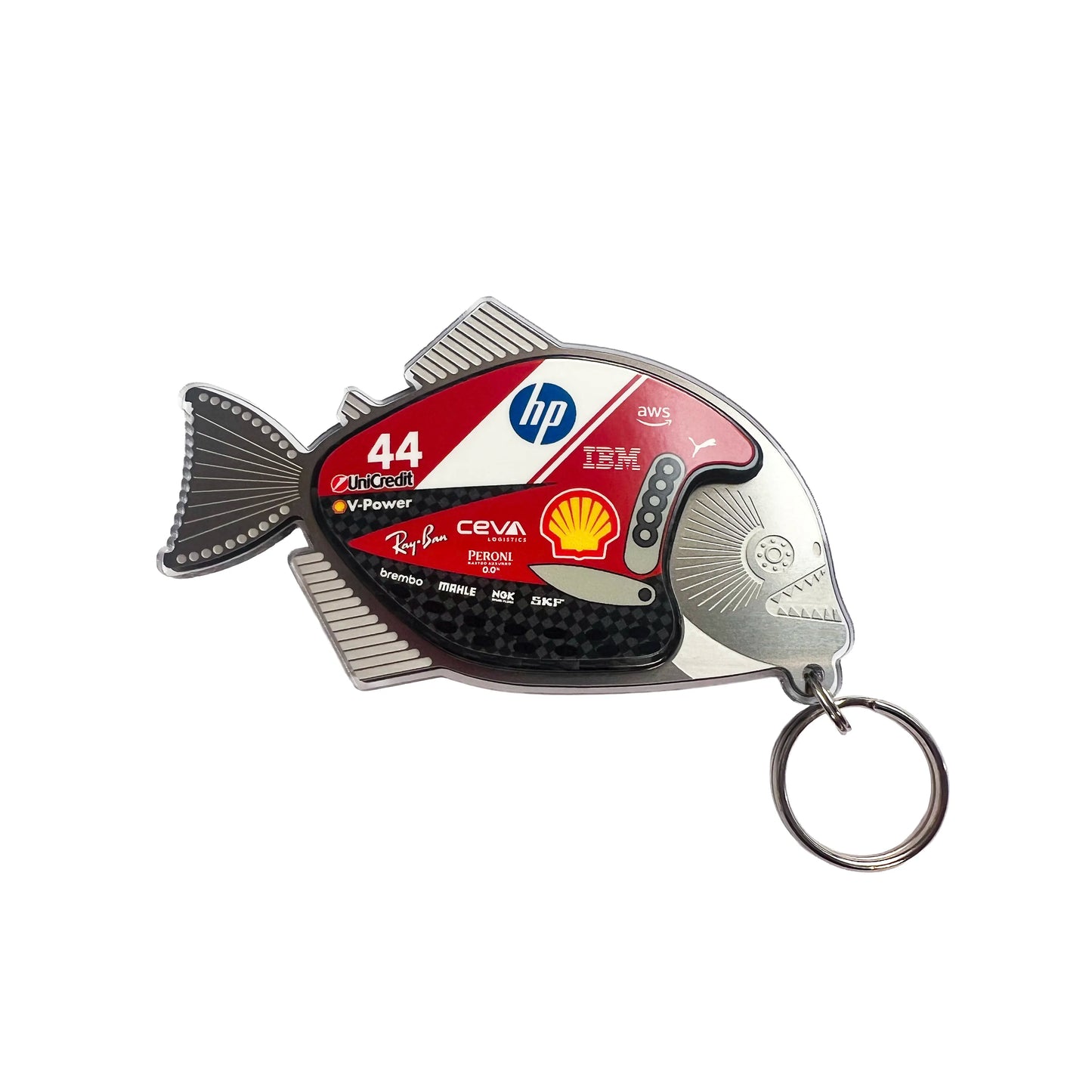 Fish-shaped keychain with multiple brand logos on a white background