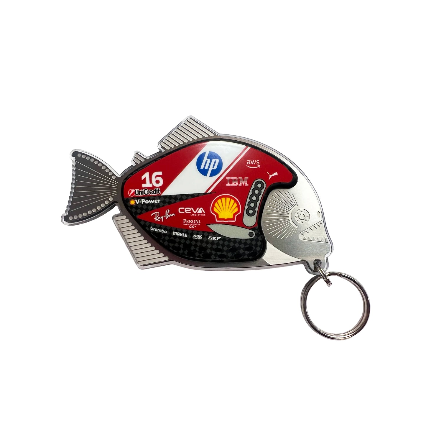 Fish-shaped keychain with various brand logos on a white background