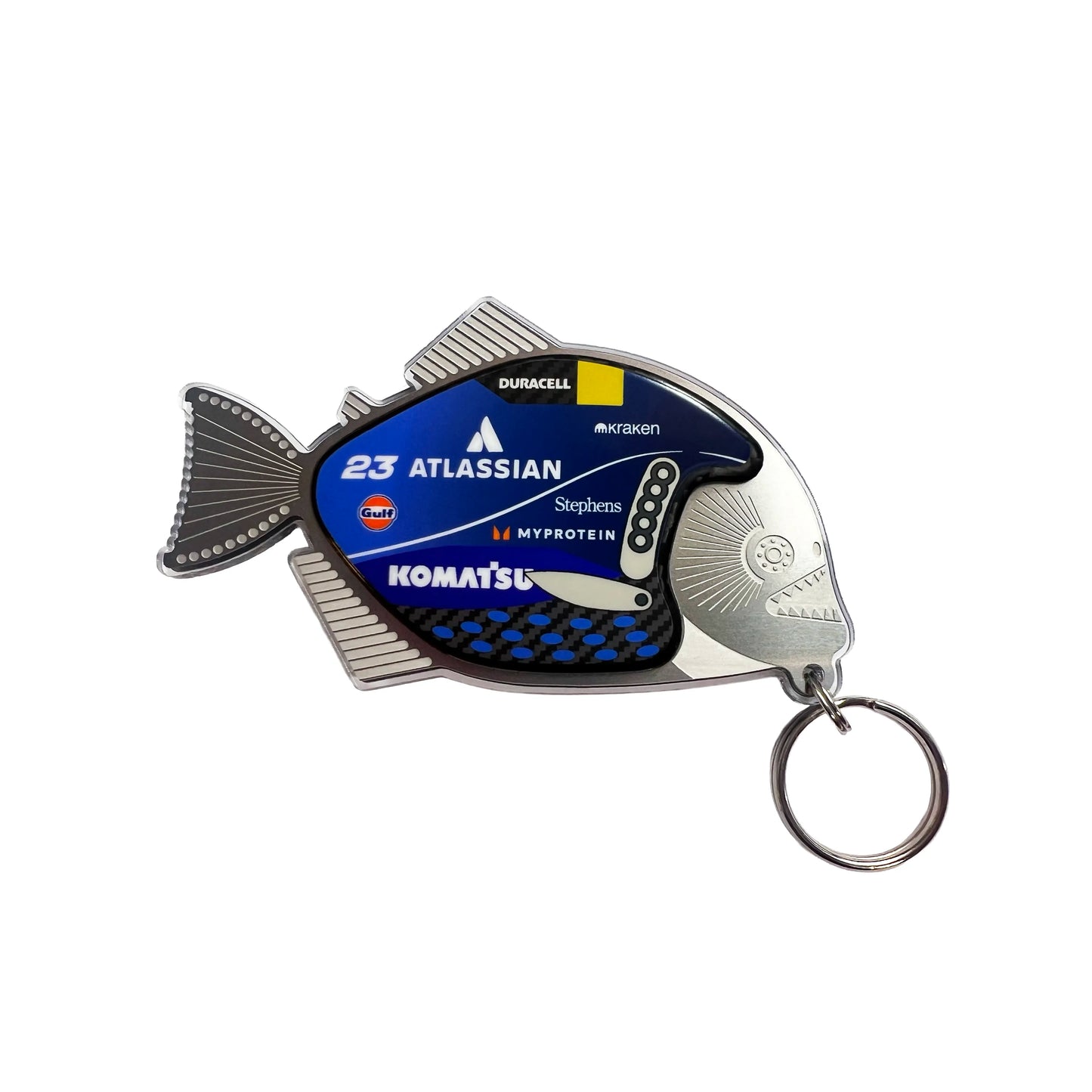 Fish-shaped keychain with branding on a white background