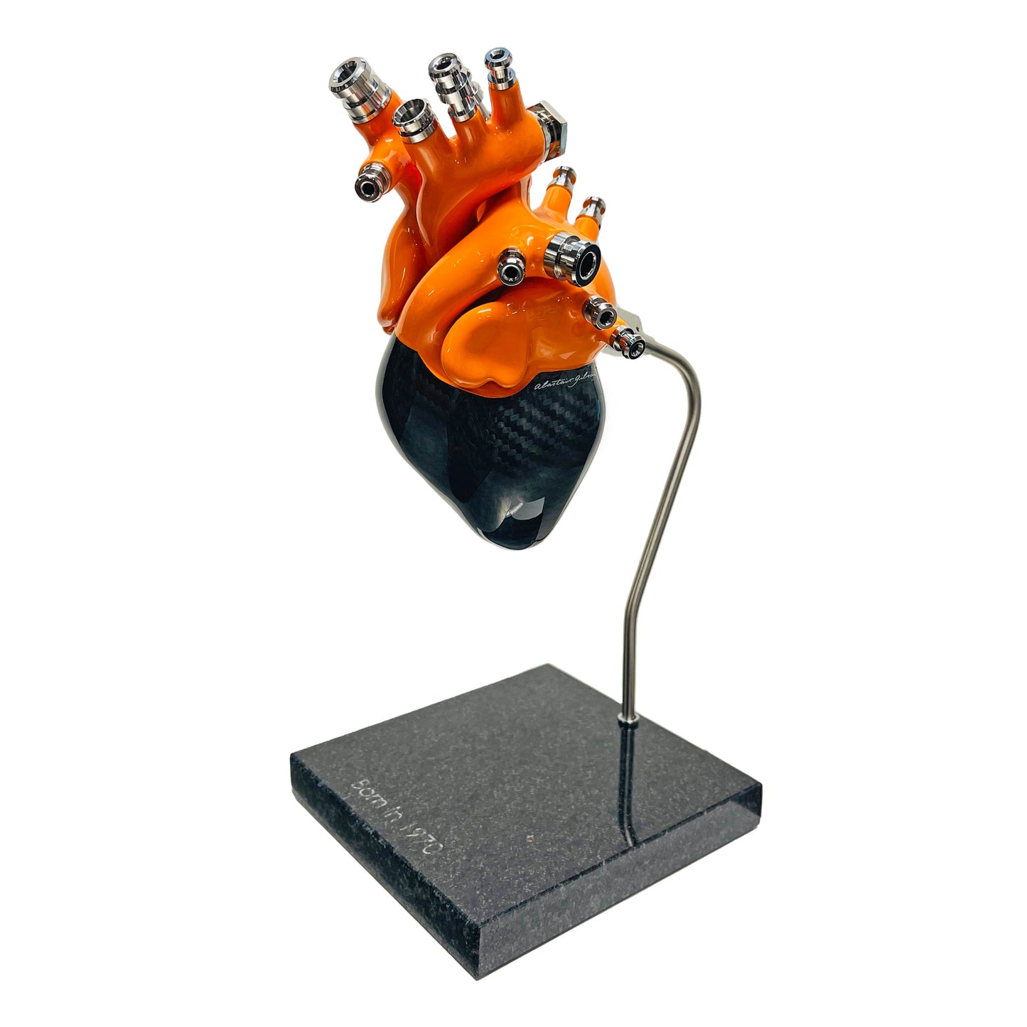 Carbon fibre Human Heart with Orange painted detail on a granite base