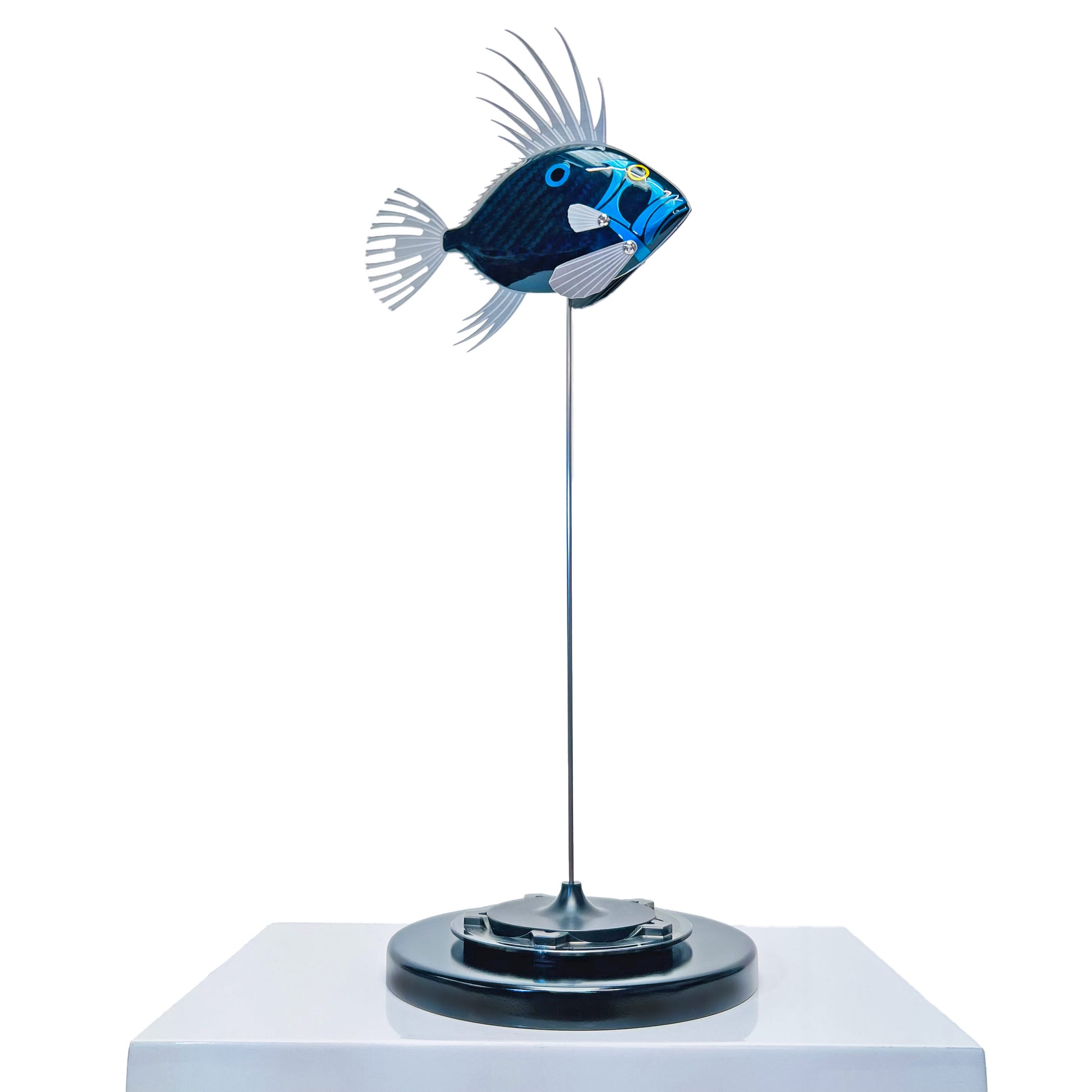 Carbon fibre baby dory sculpture with blue tint on a black base