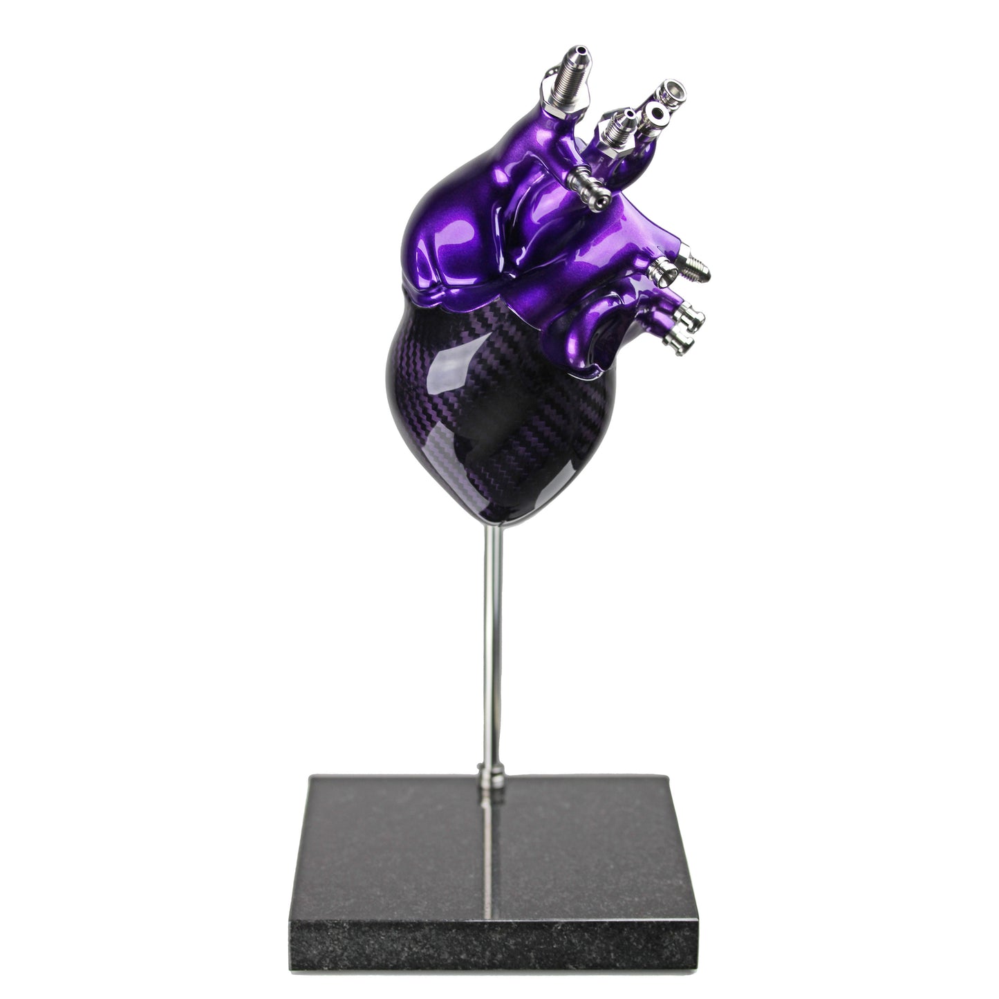 Carbon fibre human heart with purple tint and painted detail on a granite base
