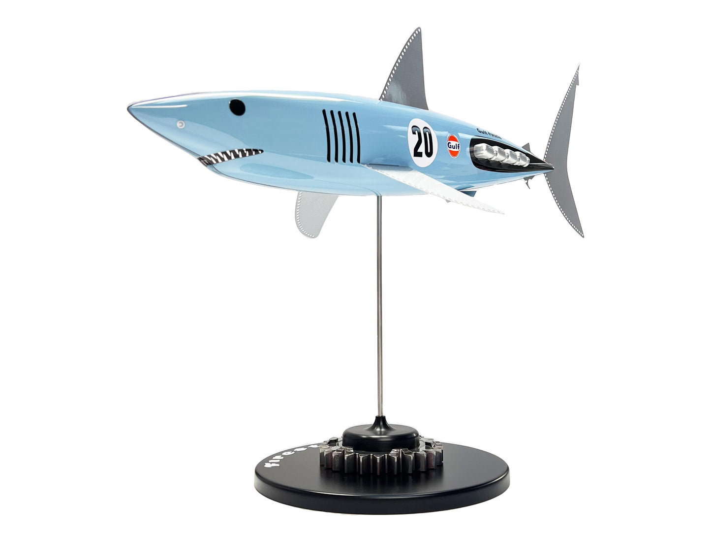 Carbon fibre Mako shark sculpture with Gulf Porsche Livery on a black base with F1 gear