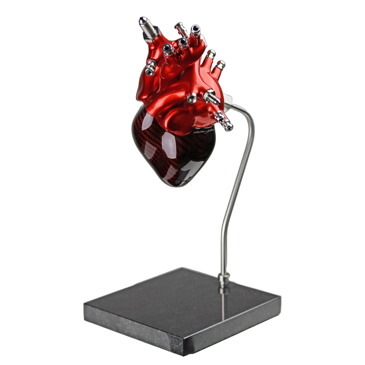 Carbon fibre Human Heart with red tint and red painted detail on a granite base
