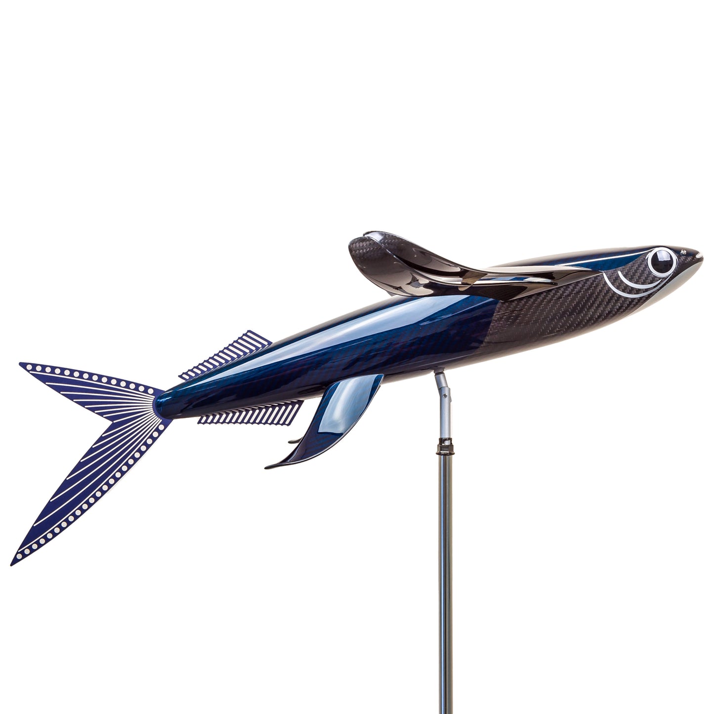 Carbon fibre Flying Fish sculpture with blue tint