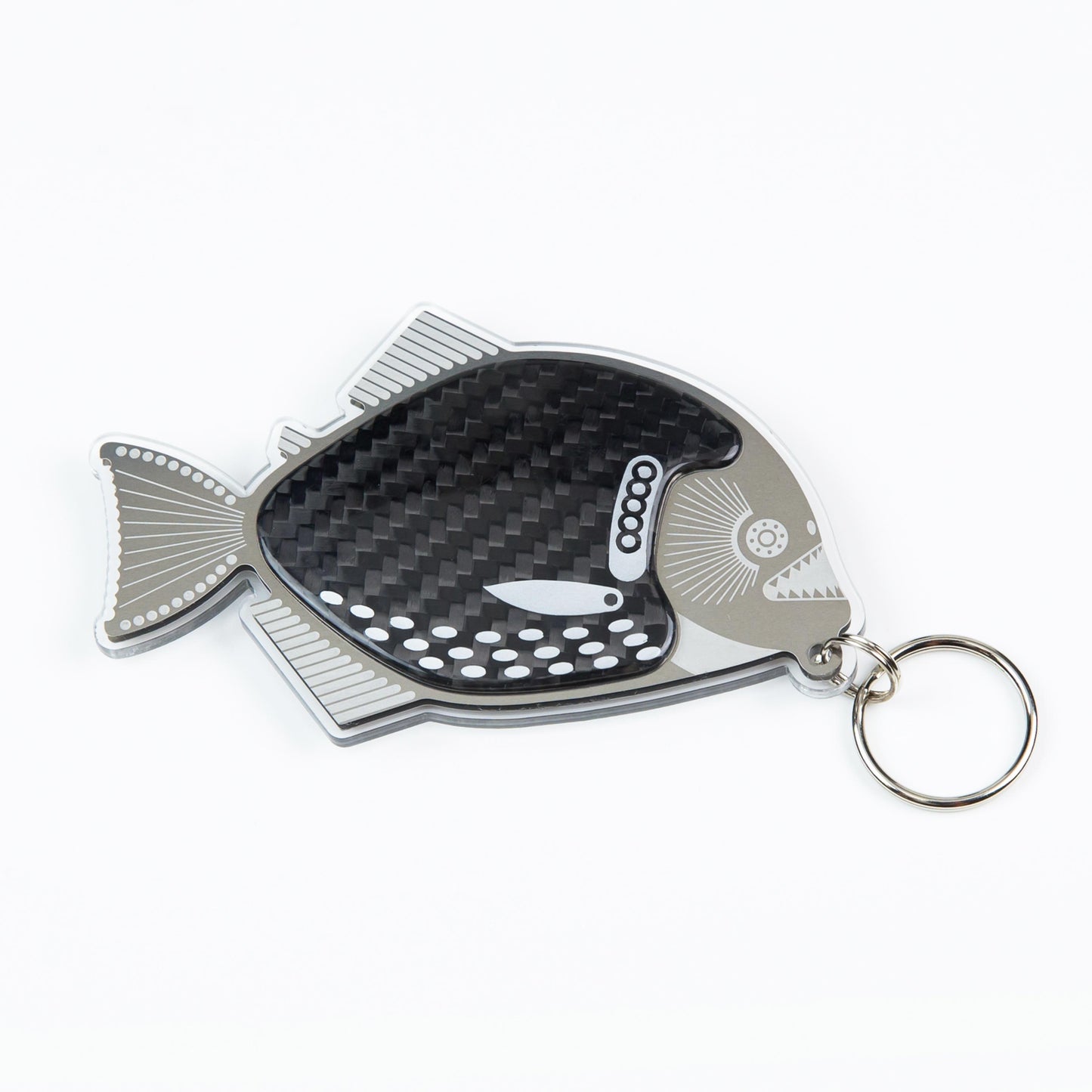 Silver carbon fibre Piranha keyring