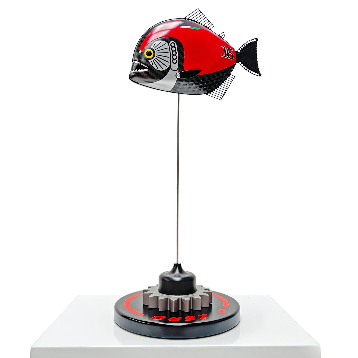 Carbon fibre Piranha fish with Ferrari F1 livery on a black base with F1 gear