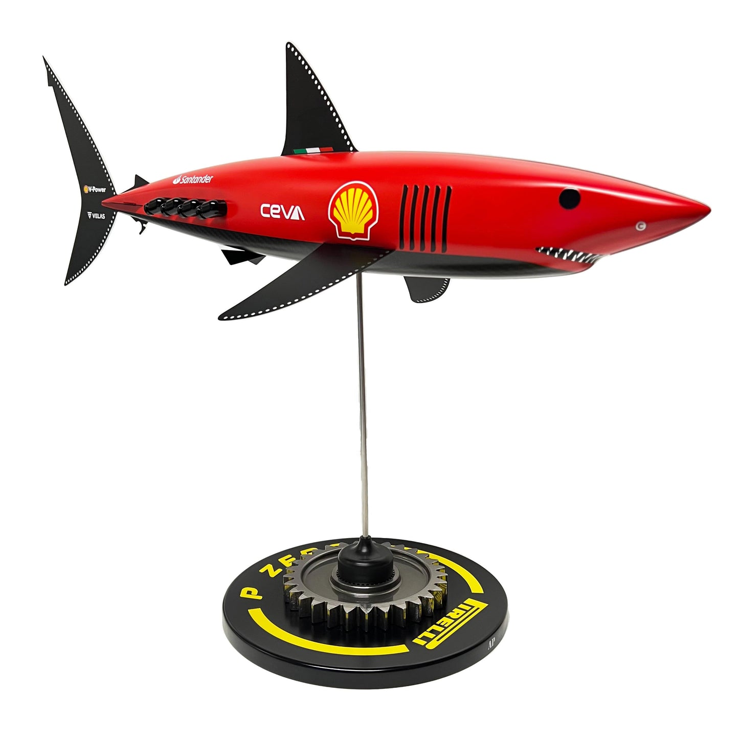 Carbon fibre Mako Shark with Ferrari F1 livery on a black base with F1 gear