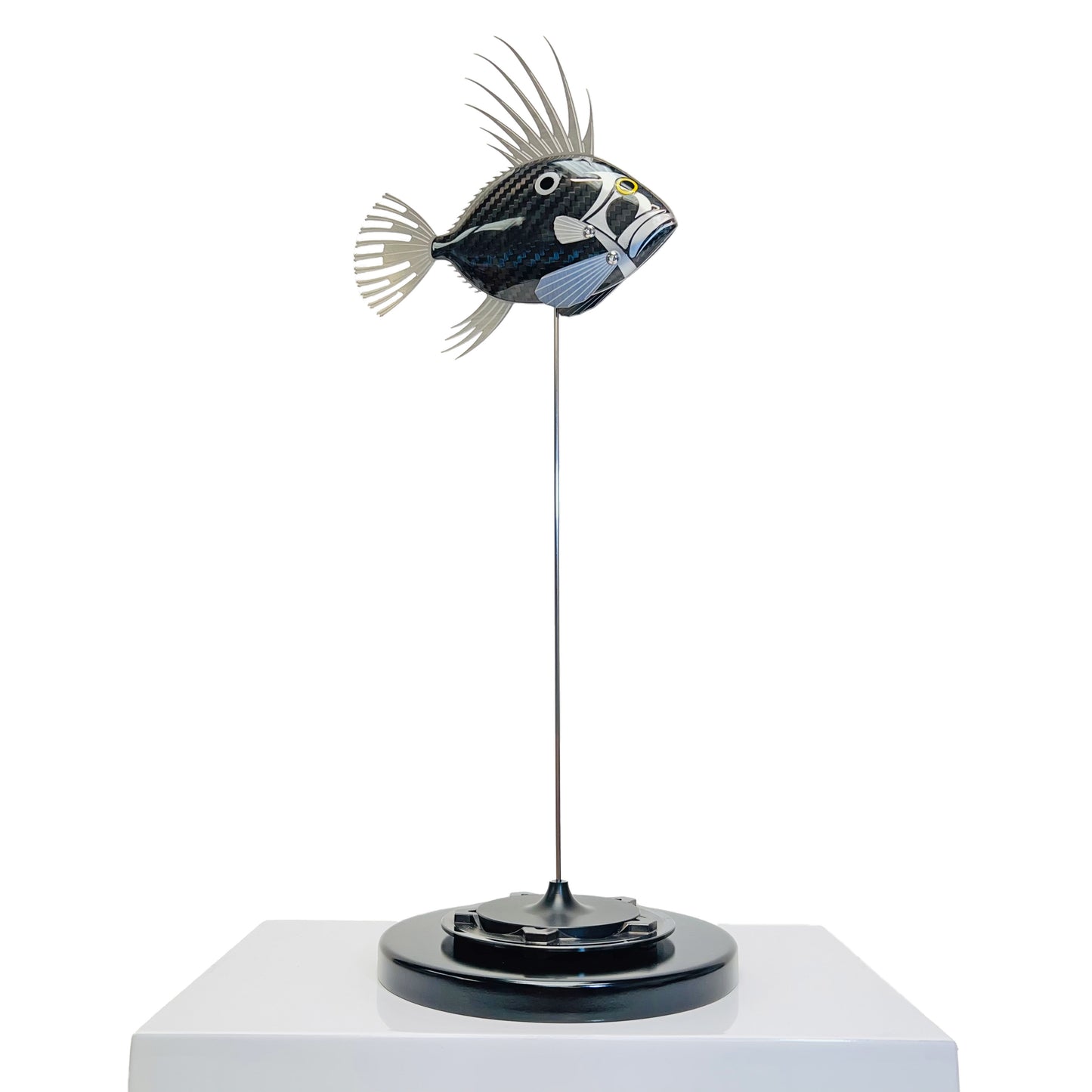 Carbon fibre baby dory sculpture on a black base