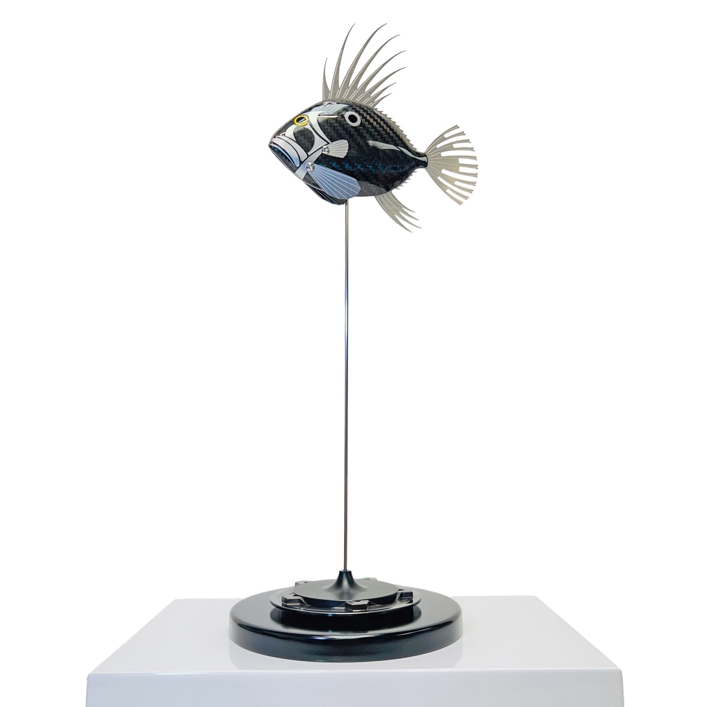 Carbon fibre baby dory sculpture on a black base