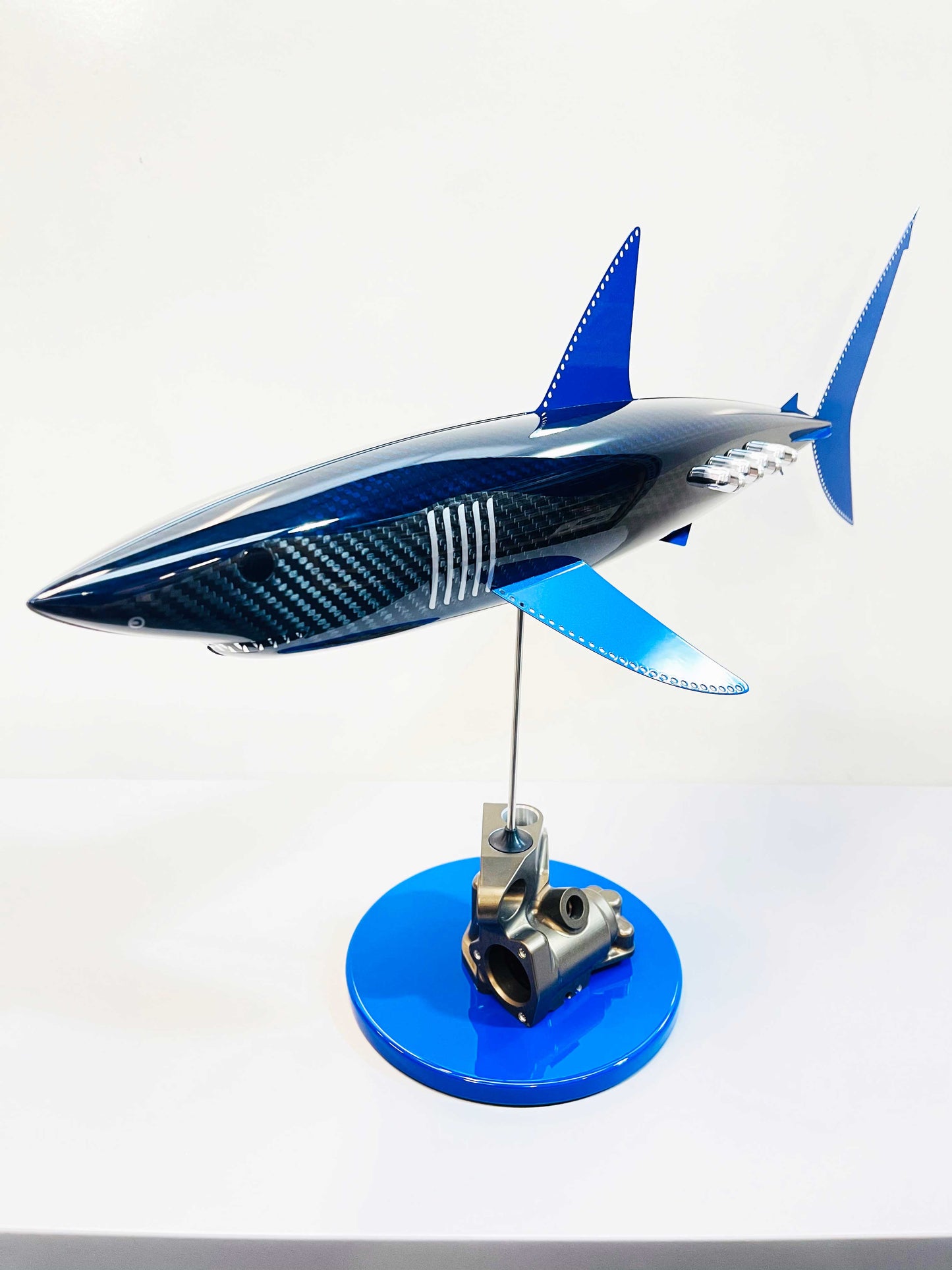 Blue tinted carbon fibre Mako Shark Pup with blue fins and blue base