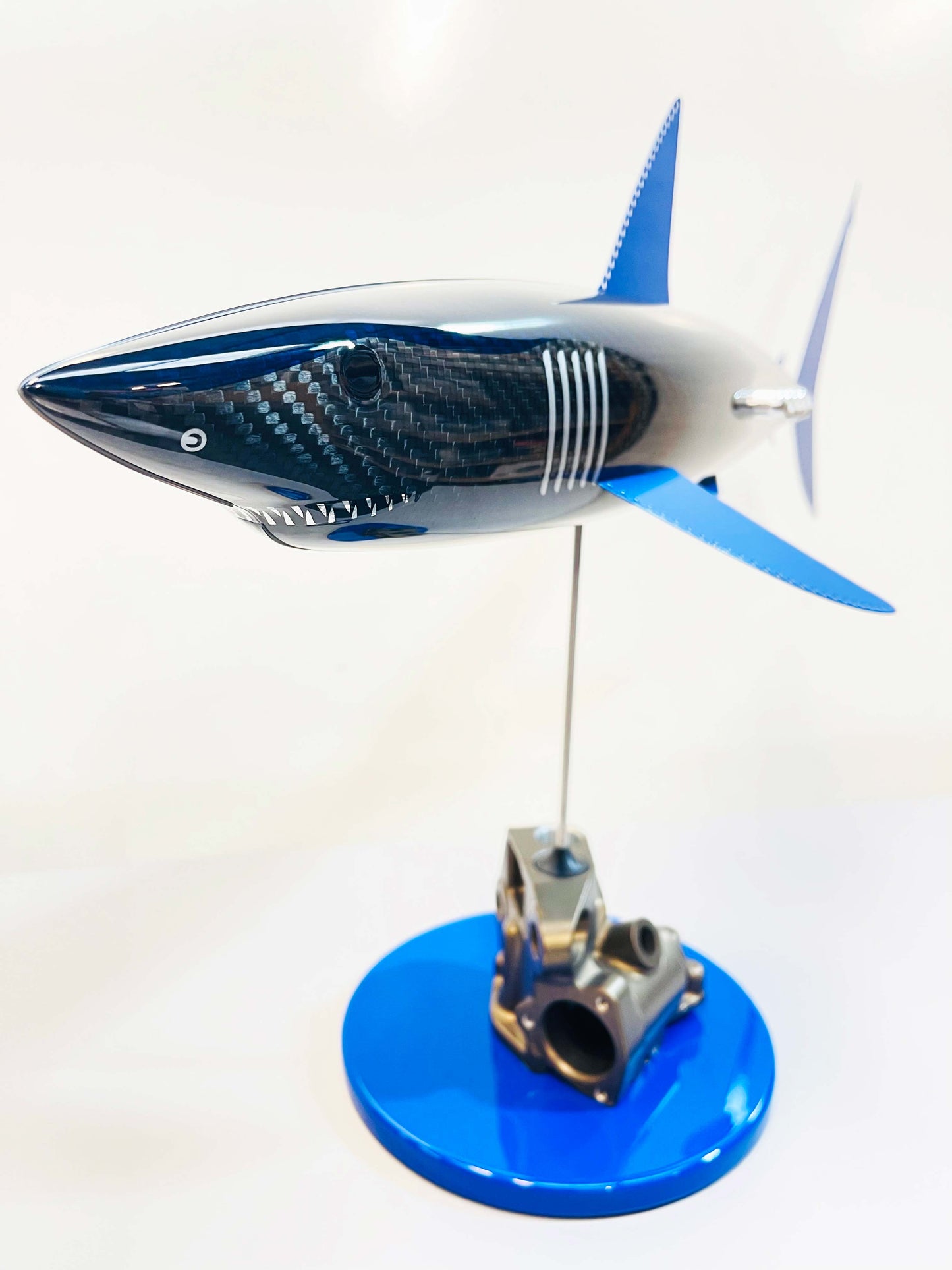 Blue tinted carbon fibre Mako Shark Pup with blue fins and blue base