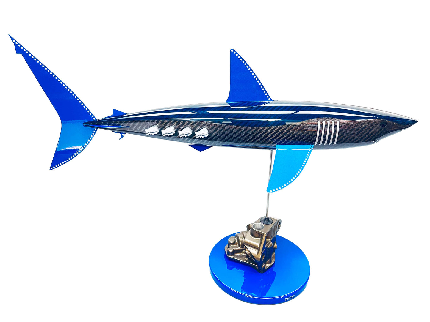 Blue tinted carbon fibre Mako Shark Pup with blue fins and blue base