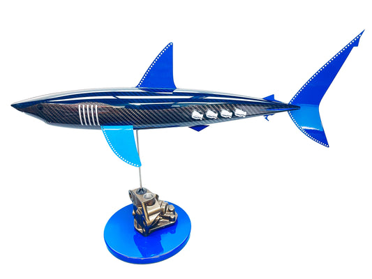Blue tinted carbon fibre Mako Shark Pup with blue fins and blue base
