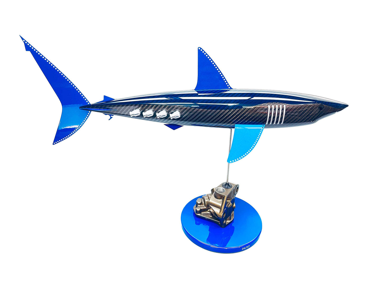 Blue tinted carbon fibre Mako Shark Pup with blue fins and blue base