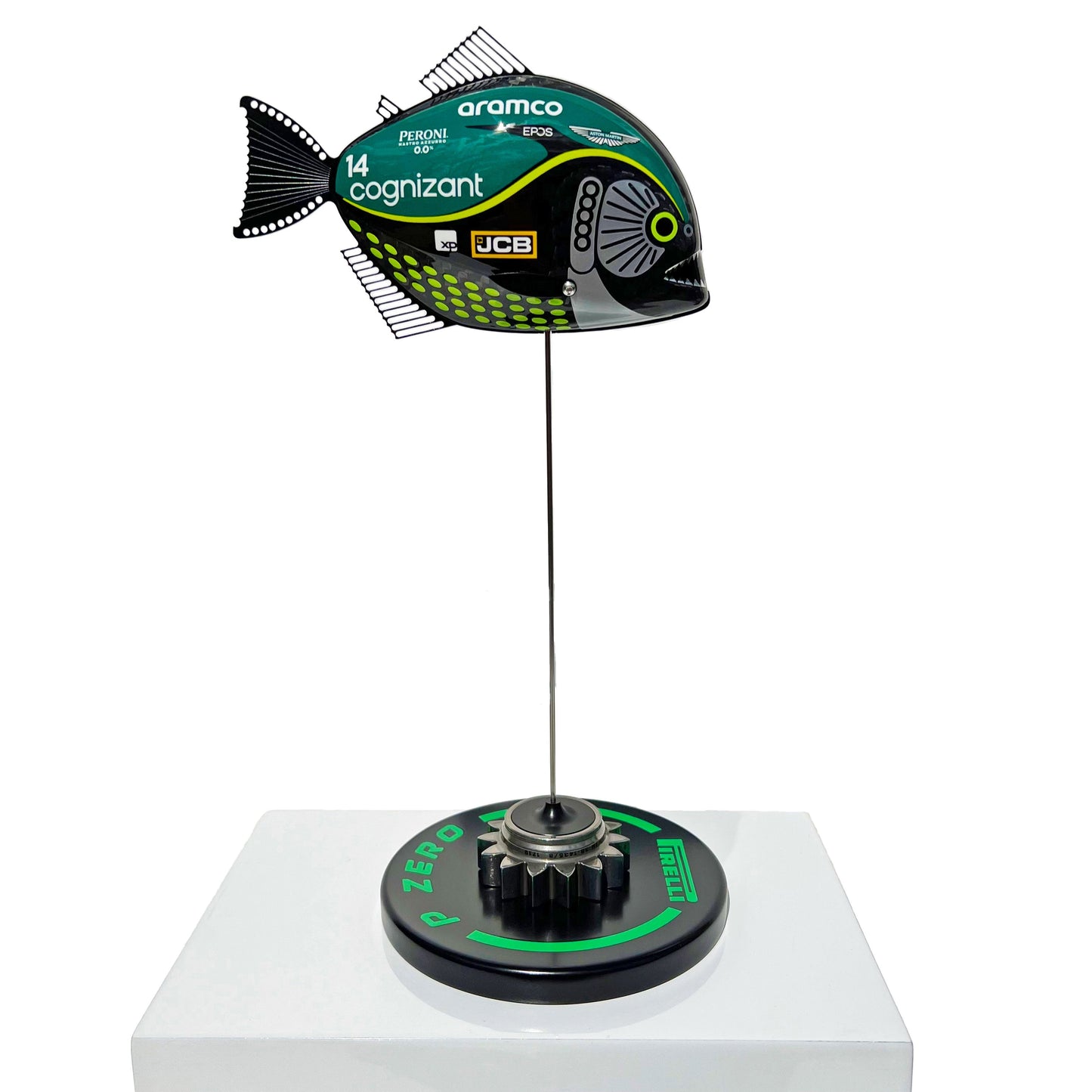 Carbon Fibre Piranha sculpture with 2023 Aston Martin Formula One Livery.
