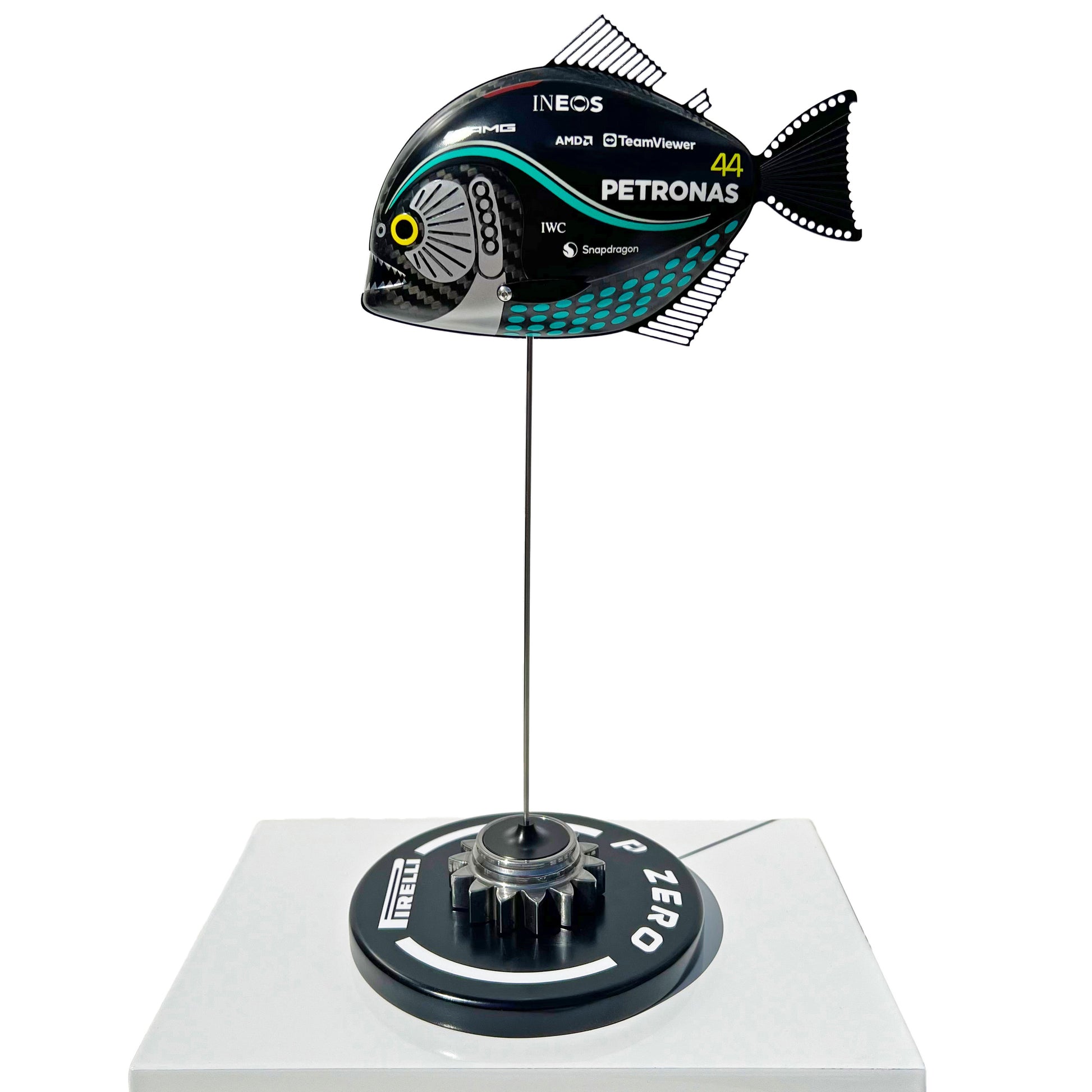 Carbon Fibre Piranha sculpture with 2023 Mercedes AMG Petronas Formula One Livery.