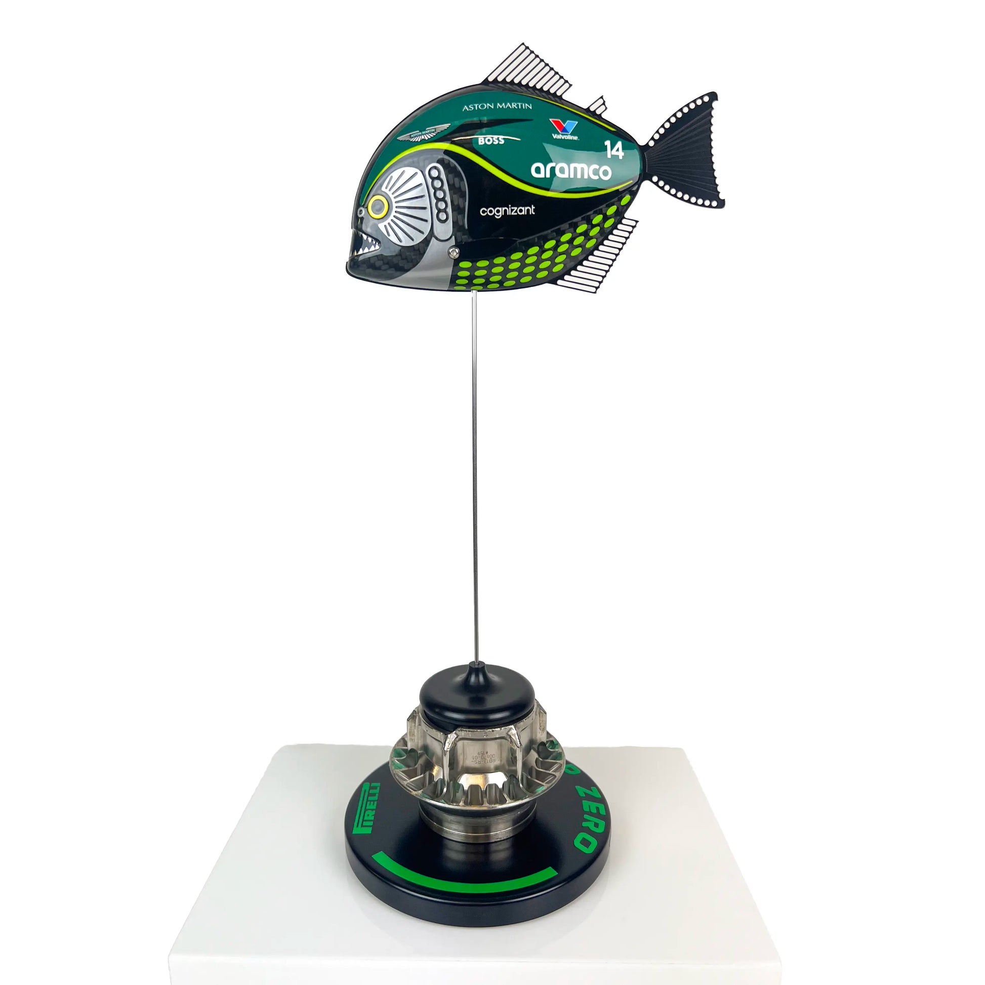 Carbon Fibre Piranha Fish with 2024 Aston Martin F1 Livery on Green Pirelli base with F1 wheel nut