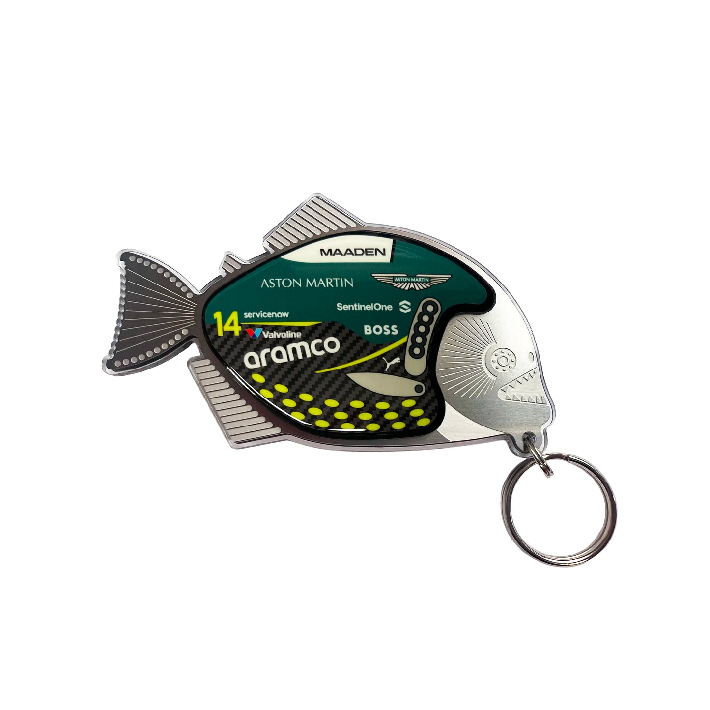 Fishing lure with brand logos on a white background