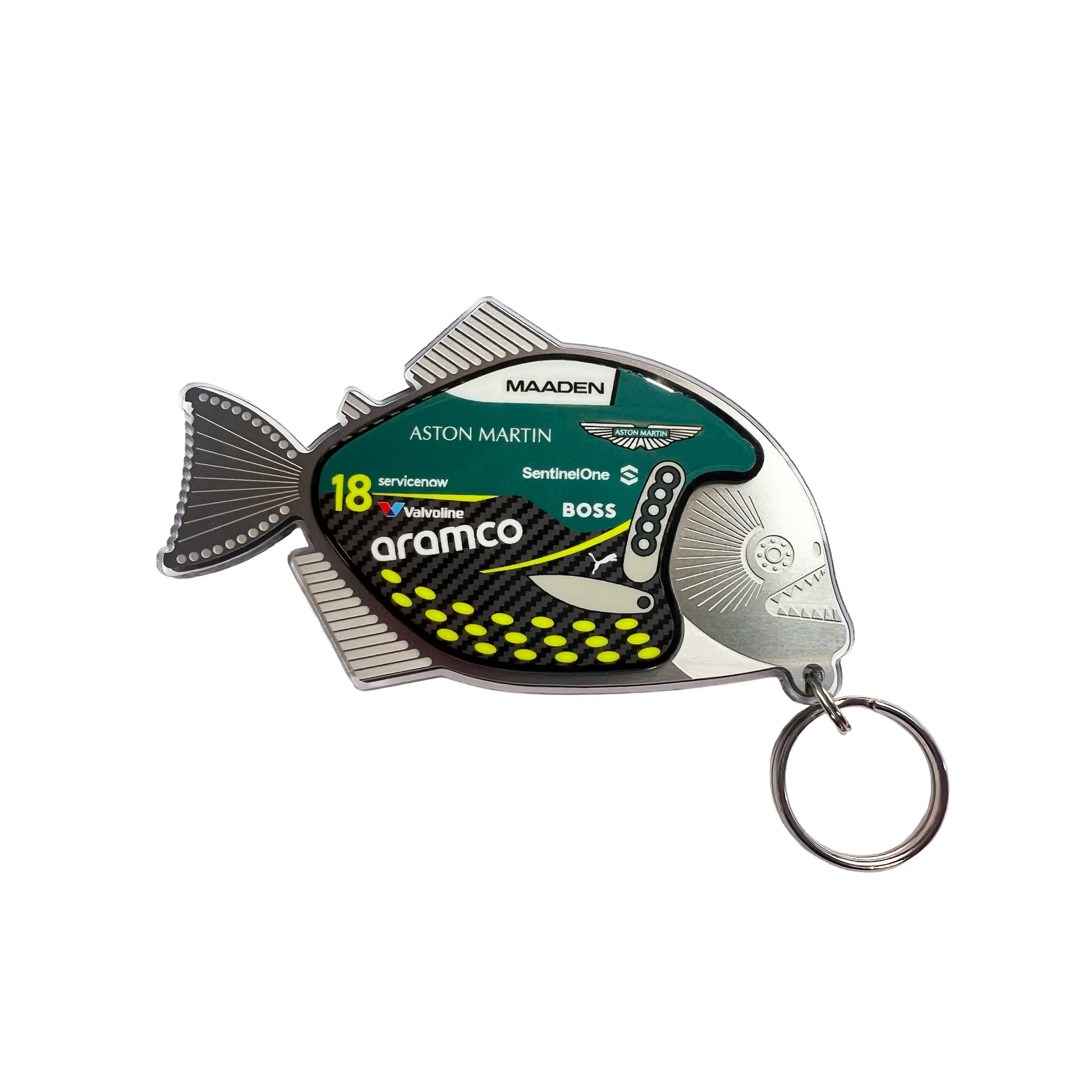 Fish-shaped keychain with branding on a white background