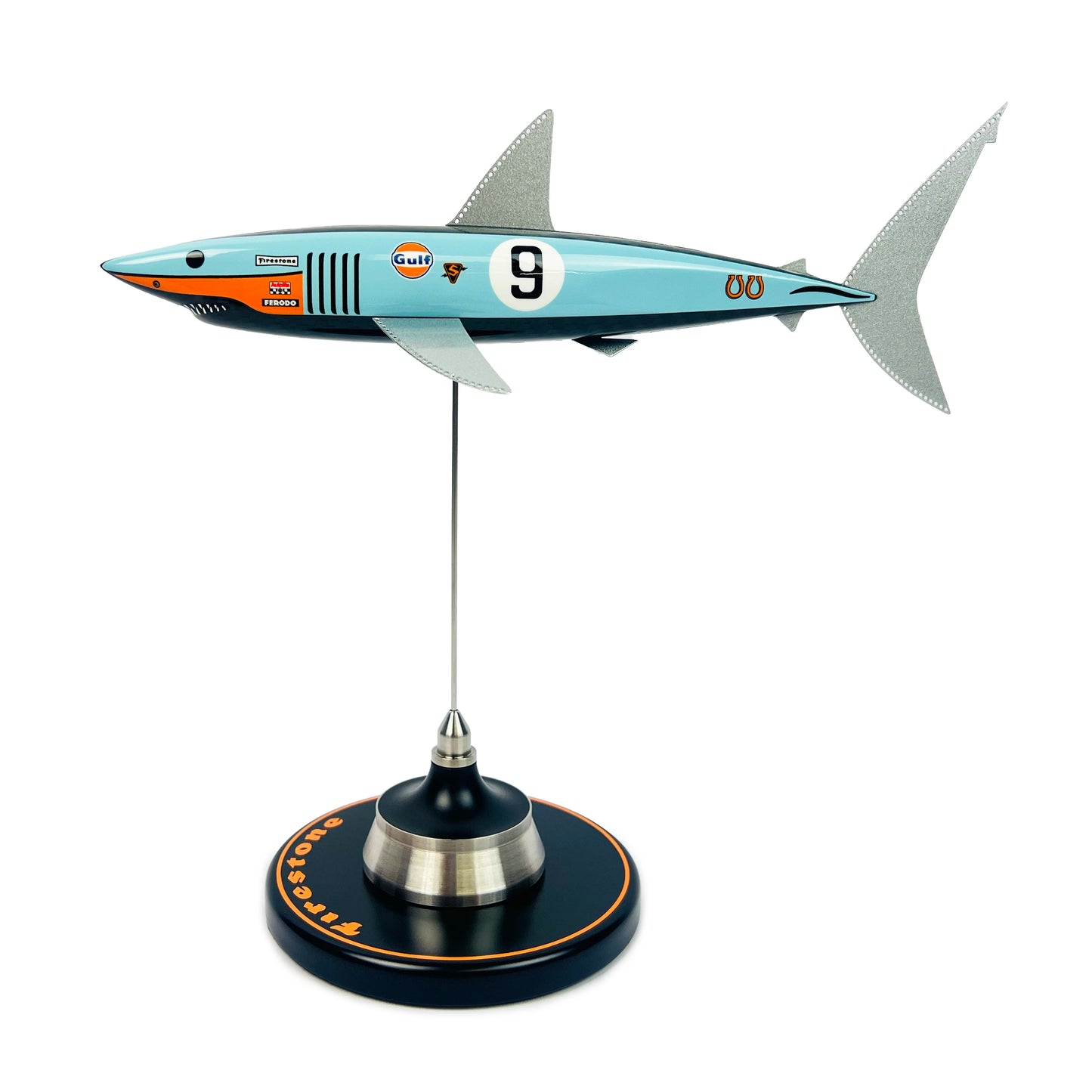 Carbon fibre shark with Gulf Ford GT40 Livery on a black base with Firestone Logo.