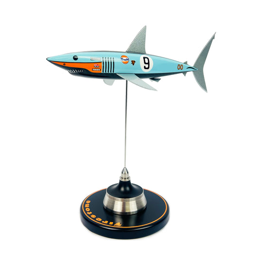 Carbon fibre shark with Gulf Ford GT40 Livery on a black base with Firestone Logo.