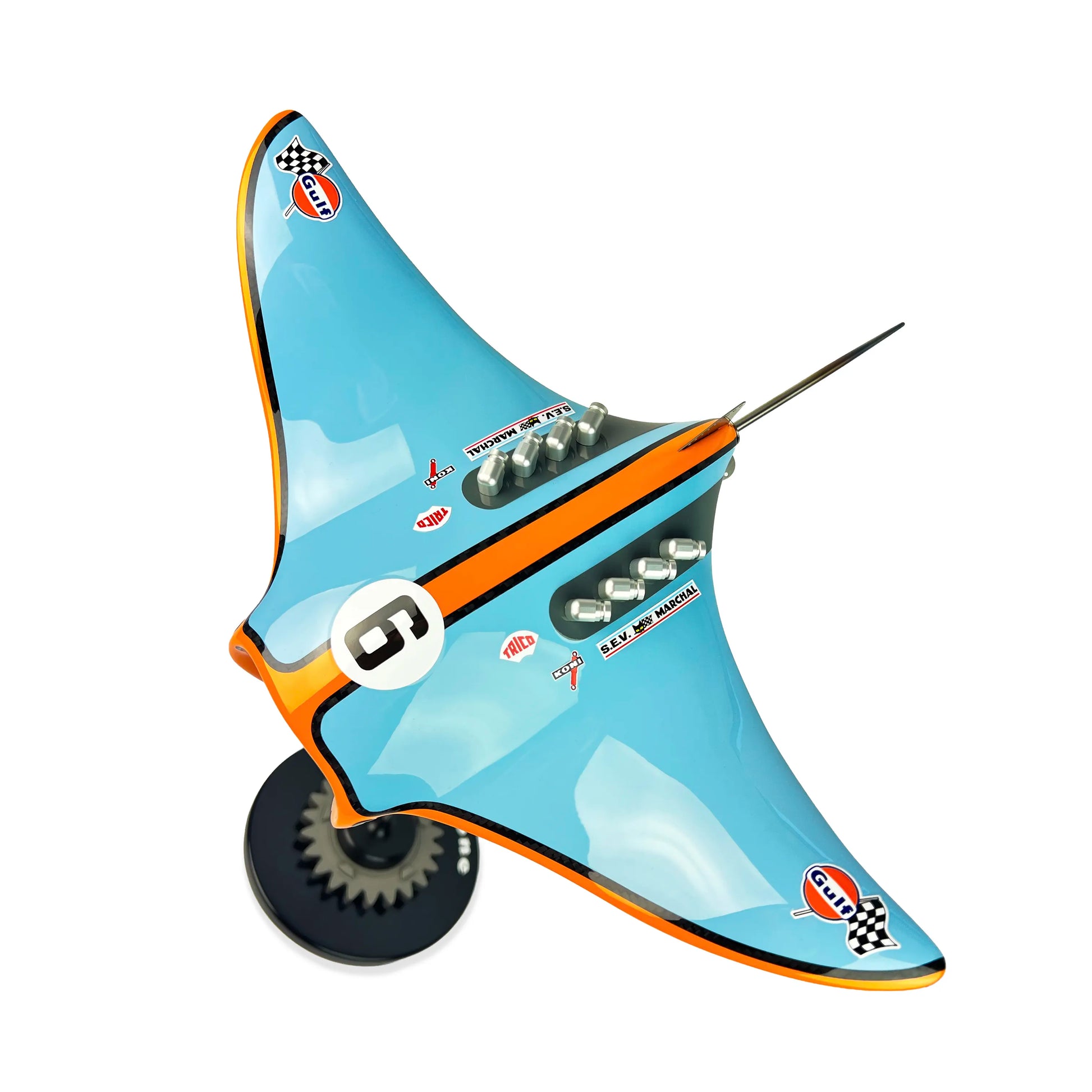 Gulf Ford inspired carbon fibre manta ray sculpture on a stand with white background