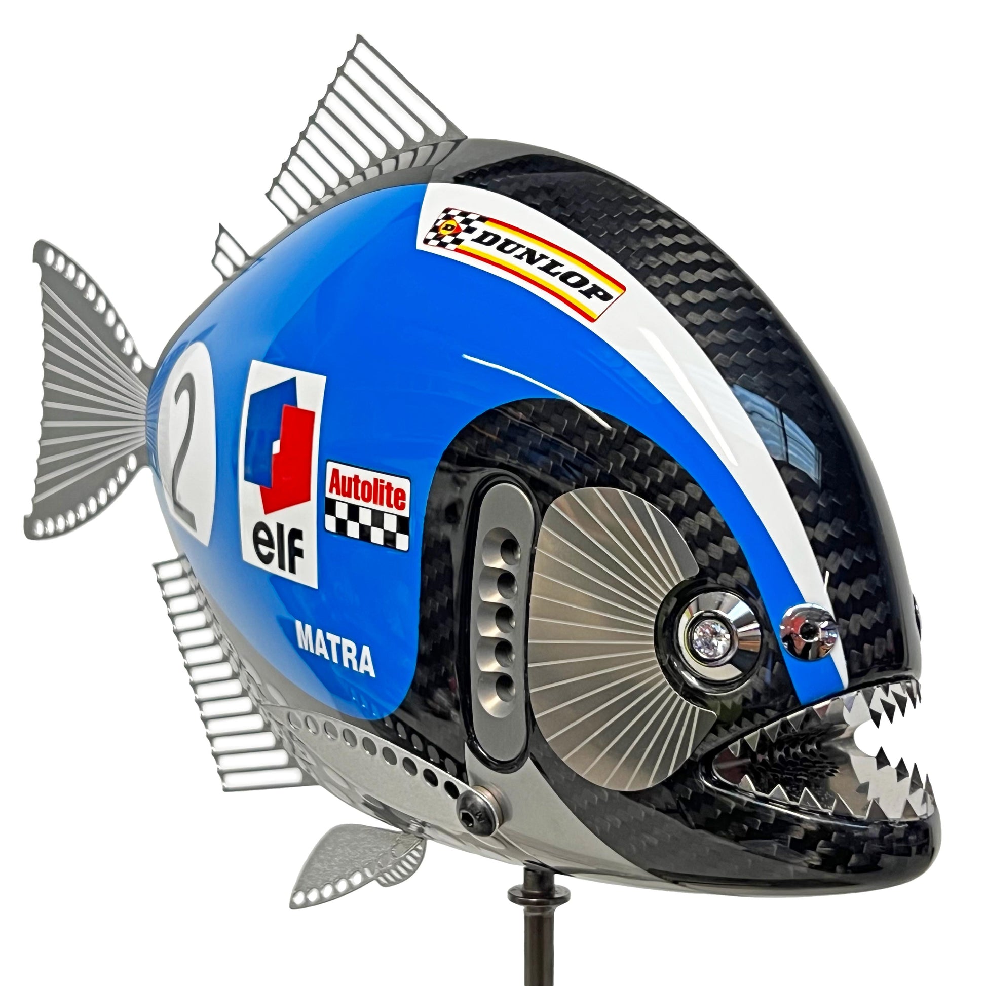 Carbon fibre Piranha sculpture with 1969 Matra livery