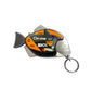 Fish-shaped tape measure keychain with branding on a white background