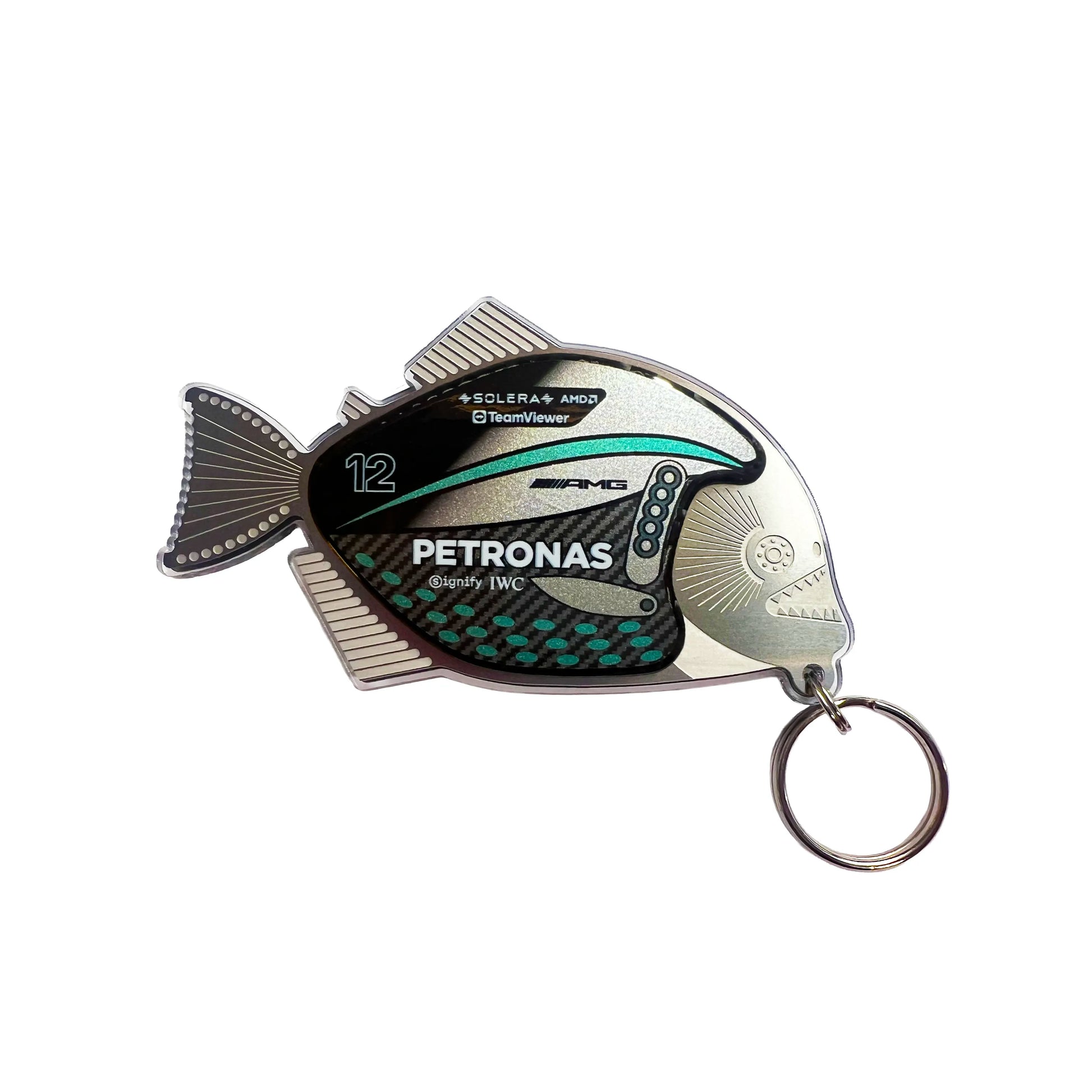 Fish-shaped keychain with Petronas branding on a white background