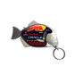 Fish-shaped keychain with Red Bull and Oracle branding on a white background