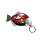 Fish-shaped keychain with various brand logos on a white background
