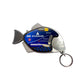 Fish-shaped keychain with branding on a white background