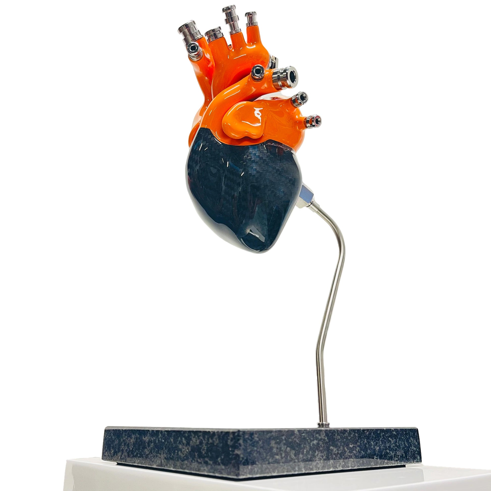 Carbon fibre Human Heart with Orange painted detail on a granite base
